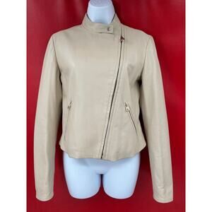 Bally Khaki Lamb Leather Moto Motorcyle Asymmetric Zip Up Front Jacket US Size 8